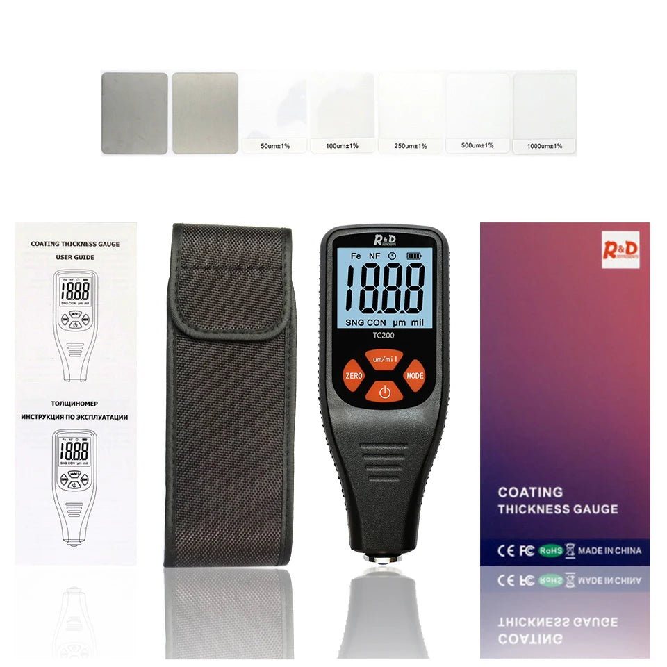 R&D TC200 Coating Thickness Gauge 0.1 Micron/0-1500 Car Paint Film Thickness Tester Measuring FE/NFE Russian Manual Paint Tool