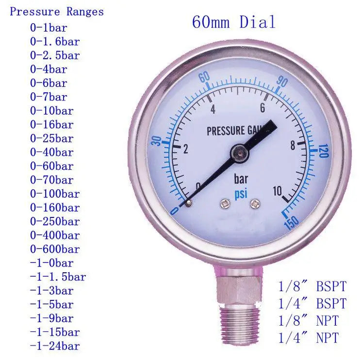 1/8" 1/4" BSPT/NPT 60mm Dial -1 To 600 Bar Pressure Gauge 304 Stainless Bar PSI N2 Steam Brewing Pneumatic