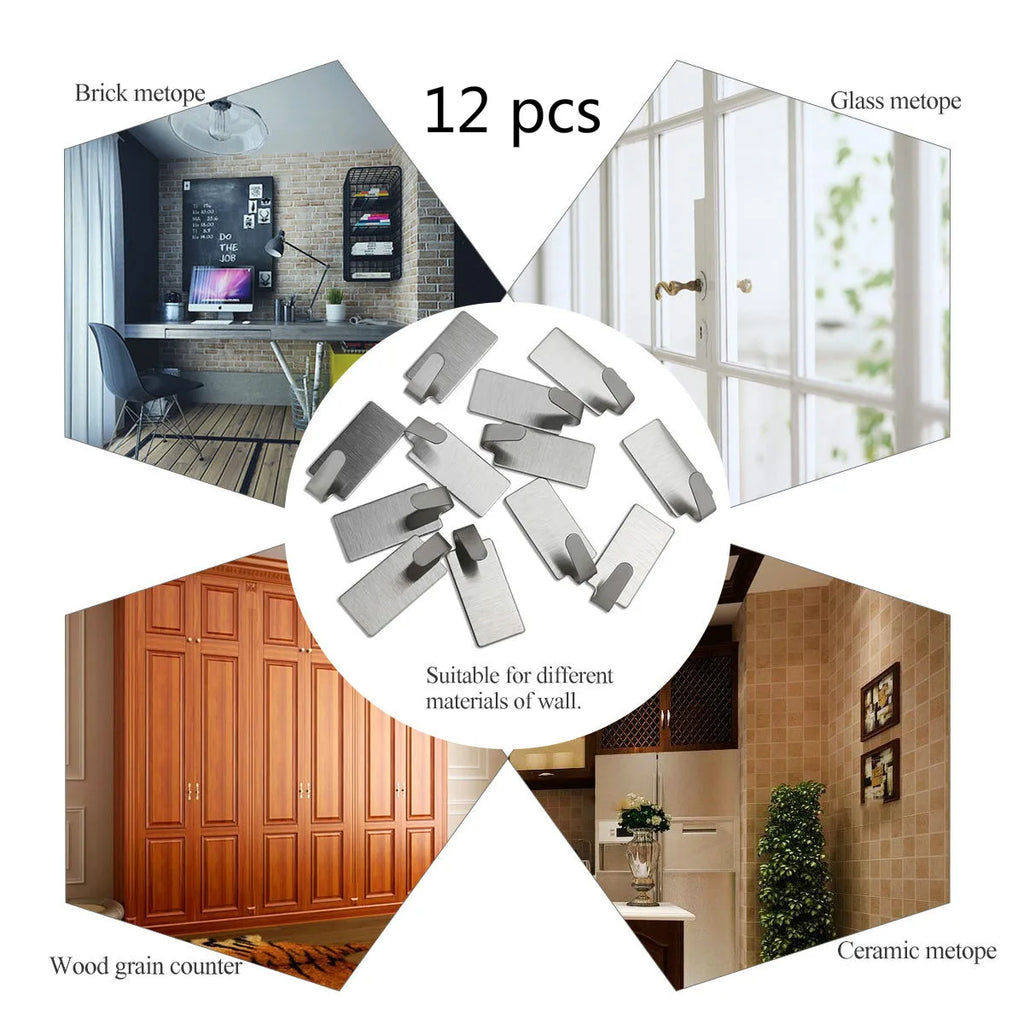 12pcs Strong Self Adhesive Stainless Steel Towel Mop Hooks Hat Hangers For Hanging Kitchen Bedroom Bathroom