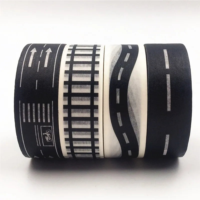 1 Roll Black White Highway Shape Stripe Washi Tape Adhesive DIY Scrapbooking Sticker Label Masking Tape for Crafts