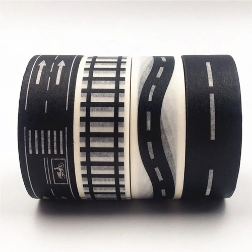 1 Roll Black White Highway Shape Stripe Washi Tape Adhesive DIY Scrapbooking Sticker Label Masking Tape for Crafts