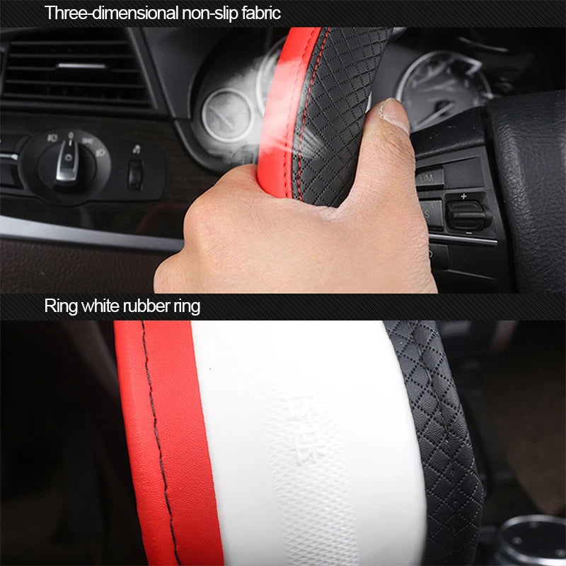 SEAMETAL Leather Car Steering-wheel Cover 38CM Car Sport Style Auto Steer Wheel Covers Anti-Slip Anti Scratch Steering Cover