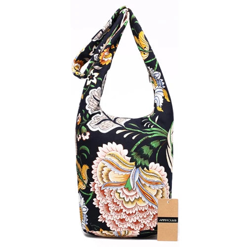 Annmouler New Fashion Women Shoulder Bag Cotton Fabric Sling Shoulder Bag Floral Print Large Capacity Crossbody Messenger Bag