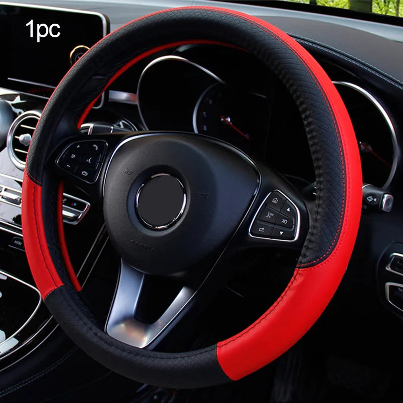 SEAMETAL Leather Car Steering-wheel Cover 38CM Car Sport Style Auto Steer Wheel Covers Anti-Slip Anti Scratch Steering Cover