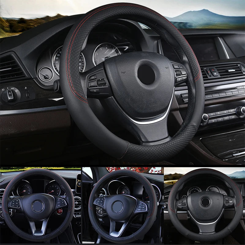 SEAMETAL Leather Car Steering-wheel Cover 38CM Car Sport Style Auto Steer Wheel Covers Anti-Slip Anti Scratch Steering Cover