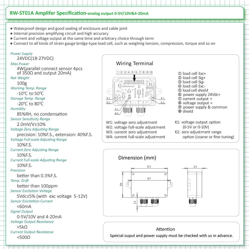 RW-ST01A Load Cell Amplifier for Weighing Applications with Dual Output 0-5V/10V And 4-20mA Industrial Scale Equipment