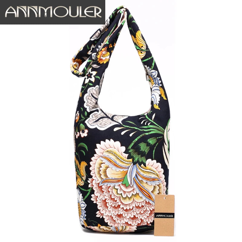 Annmouler New Fashion Women Shoulder Bag Cotton Fabric Sling Shoulder Bag Floral Print Large Capacity Crossbody Messenger Bag