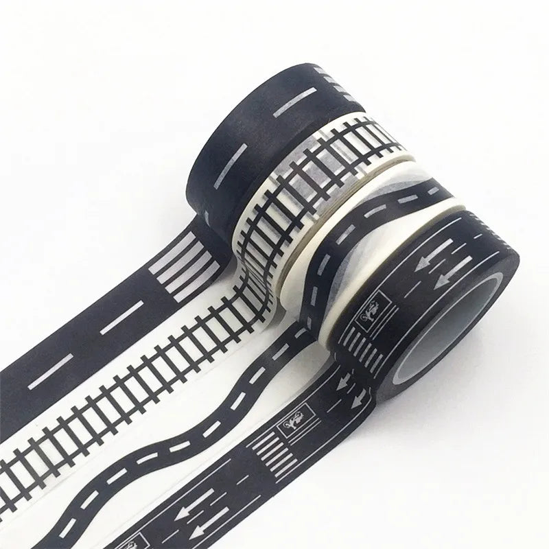 1 Roll Black White Highway Shape Stripe Washi Tape Adhesive DIY Scrapbooking Sticker Label Masking Tape for Crafts