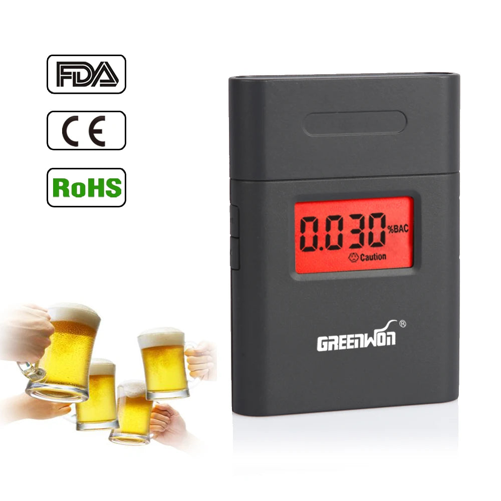 GREENWON LCD Display Mini Digital Breath Alcohol Tester Driving Breathalyzer BAC Analyzer with 5 Mouthpieces