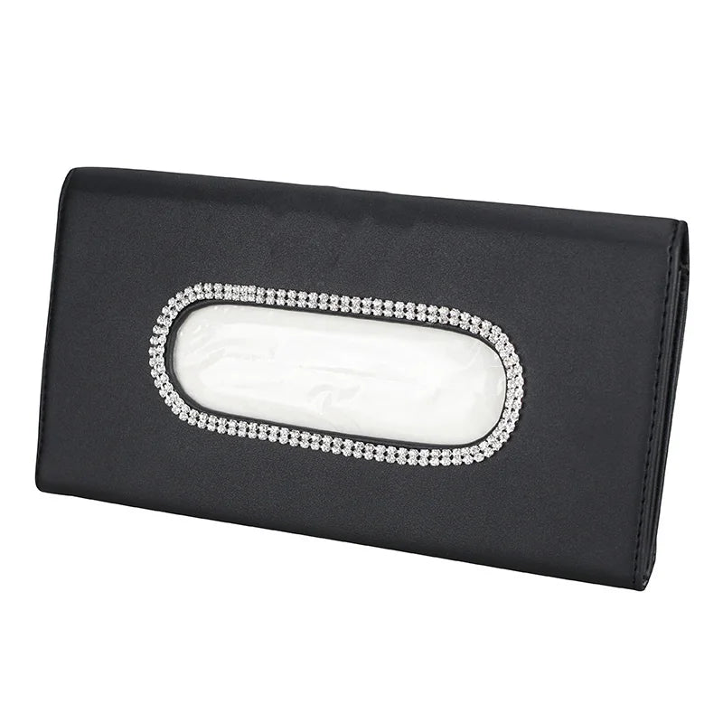 Rhinestones Crystal Car Tissue Box for Sun Visor PU Leather Hanging Auto Tissue Bag Holder Sunshade Case Diamond Car Accessories