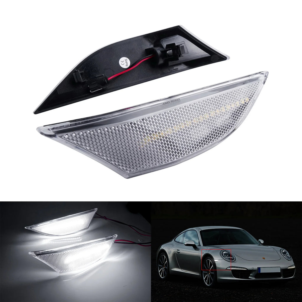 2x Clear Lens Side Marker Indicator White LED Repeater Light For Porsche 911 981 Boxster Cayman 2012-2016