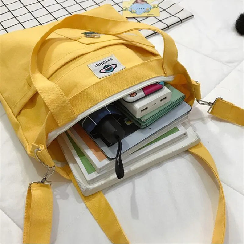 Canvas Women Handbag Shoulder Bags Large Capacity Simple Folding Handbags Tote Shopping Bag with Frog Pendant Book Bags for Girl