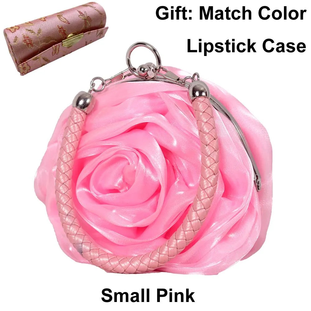 Colourful Women's Rose Flower Handbag Top Handle Bridal Bags Satin Party Wedding Evening Bags Luxury Lady Clutch Purse