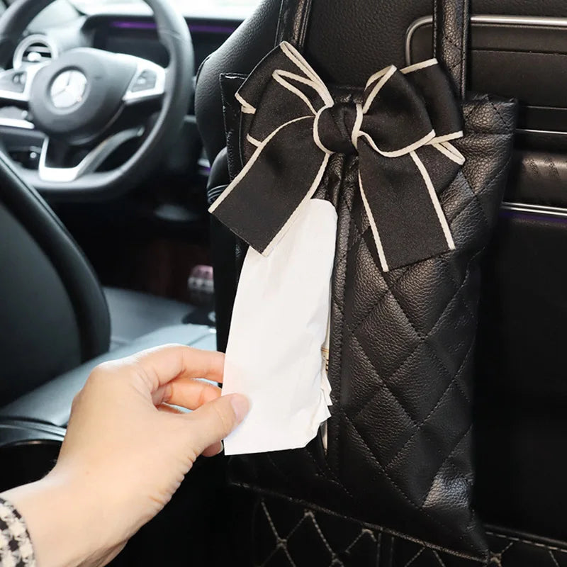 Fashion Bowknot Leather Car Tissue Boxes Cute Auto Seat Back Tissue Bag Organizer Car Decoration Auto Interior Storage Bag