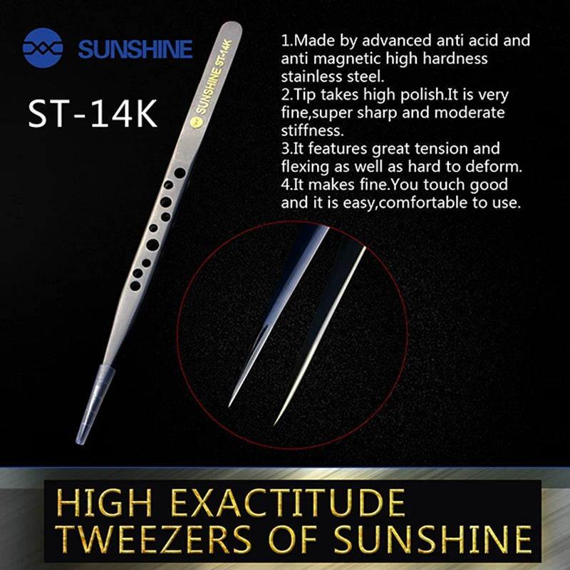 SUNSHINE ST-14K SUNSHINE ST-14K Tweezers ultra-precision straight tweezers With Holes Anti-Static Maintenance Tool For Repair