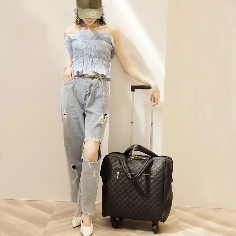 Super popular trolley suitcase on wheels PU carry on light travel luggage trolley bag business women men 18 inch valise