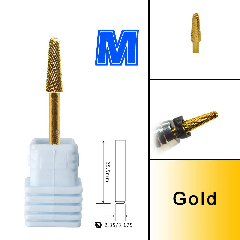 RolinStar 4.0mm Cone Gold Silver Cuticle  steel Carbide Clean Safety nail drill bit file gel polish remover