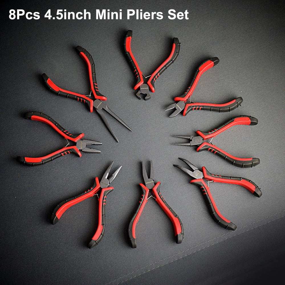 NEWACALOX 8Pcs Mini Pliers Set Jewelry Making Beading Wire 4.5 Inch Wire Cutter Pliers Manual Diagonal Pliers DIY Plier Set