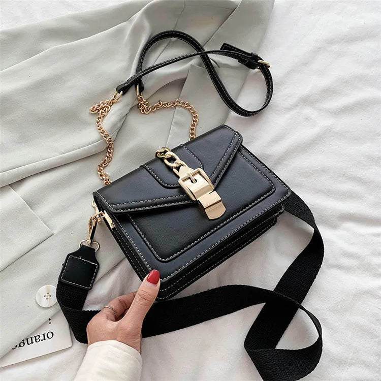 Fashion chain lady Sling bag Panelled color PU Leather Crossbody Bag For Women 2023 new Wide strap Shoulder Messenger Bag Ladies