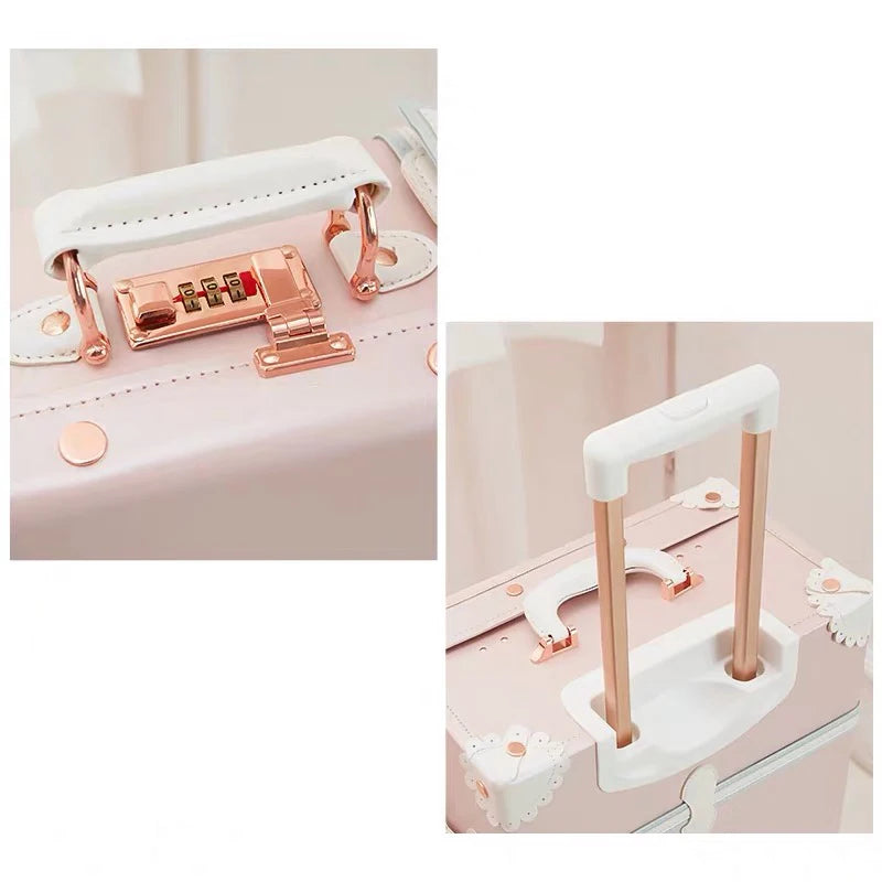 Vintage Luxury Travel Suitcase Set with Handbag PU Leather Trolley Luggage Valise Women Cute Rolling Luggage 20/22/24/26 Inch