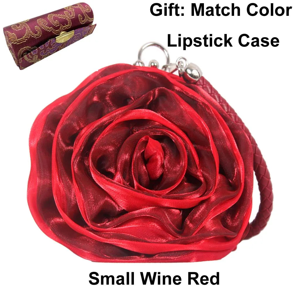 Colourful Women's Rose Flower Handbag Top Handle Bridal Bags Satin Party Wedding Evening Bags Luxury Lady Clutch Purse