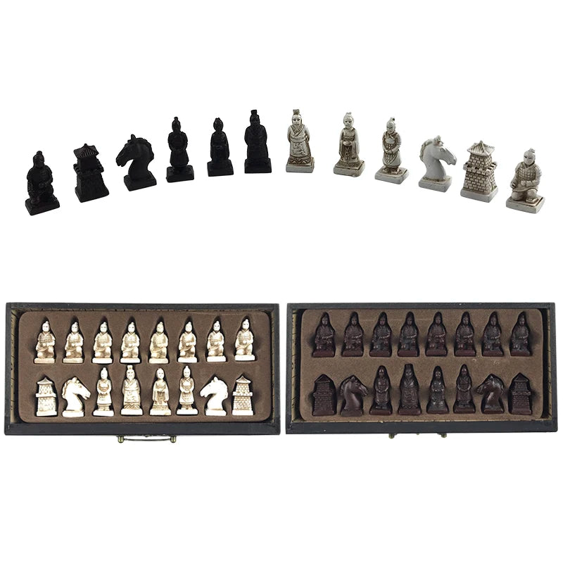 Retro Collection Chess 26cm/10.24inch Terracotta Warriors Chess Wood Carving Resin Chessman Birthday Various holiday gifts