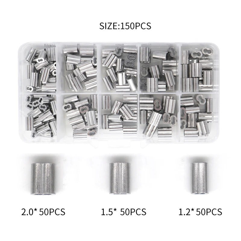 Wire Rope Crimping Tool Fishing Crimping Tool With 150Pcs 1.2/1.5/2mm Aluminum Double Barrel Ferrule Crimping Loop Sleeve Kit