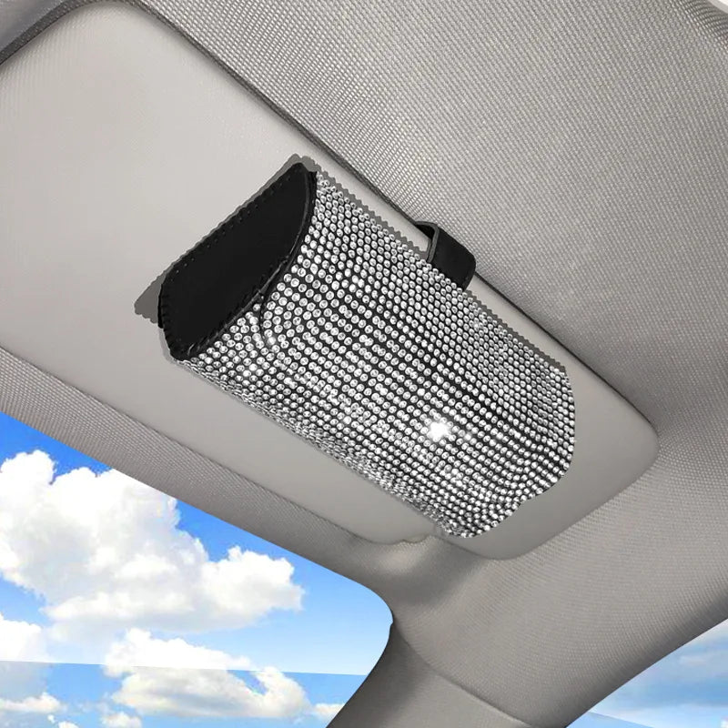 Bling Rhinestone Car Glasses Case Sunglasses Storage Box Crystal Auto Interior Accessories Sun Visor Organizer Glasses Holder