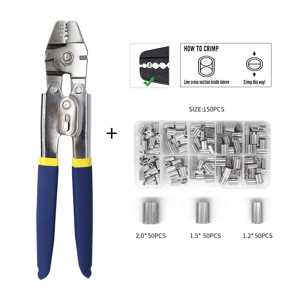 Wire Rope Crimping Tool Fishing Crimping Tool With 150Pcs 1.2/1.5/2mm Aluminum Double Barrel Ferrule Crimping Loop Sleeve Kit