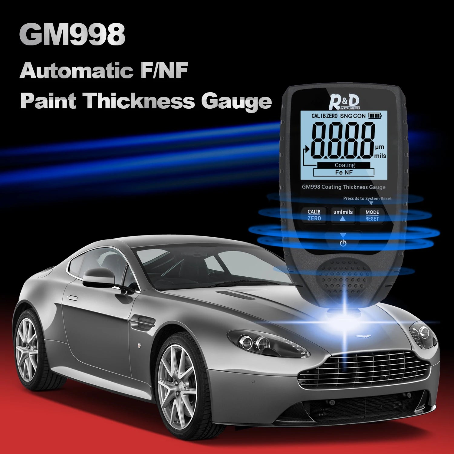 Full Black GM998 Car Paint Coating Thickness Gauge Electroplate Metal Coating Thickness Tester Meter 0-1500um Fe & NFe Probe
