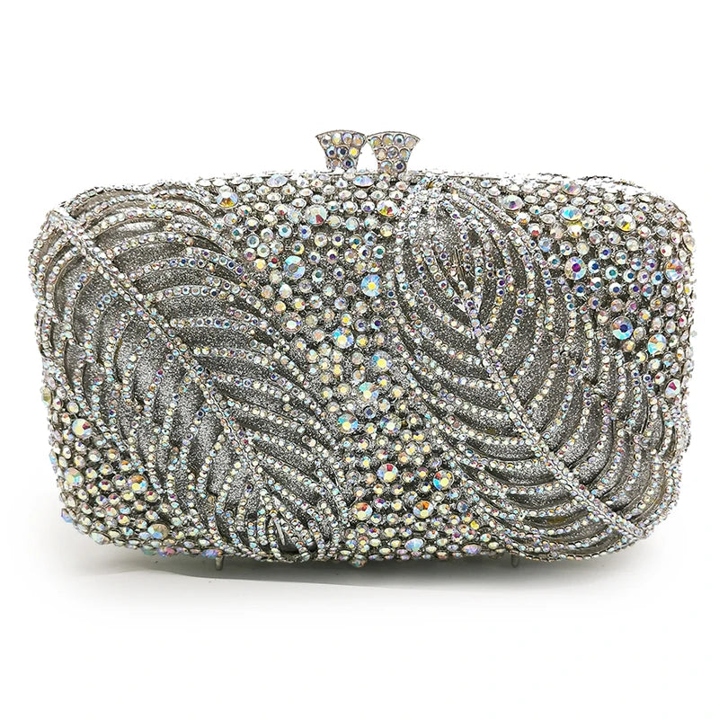 Silver Evening Clutches Diamond Wedding Purses WHTUOHENG Crystal Purses Rhinestone Clutch  Bags Leaves Women Party Handbags