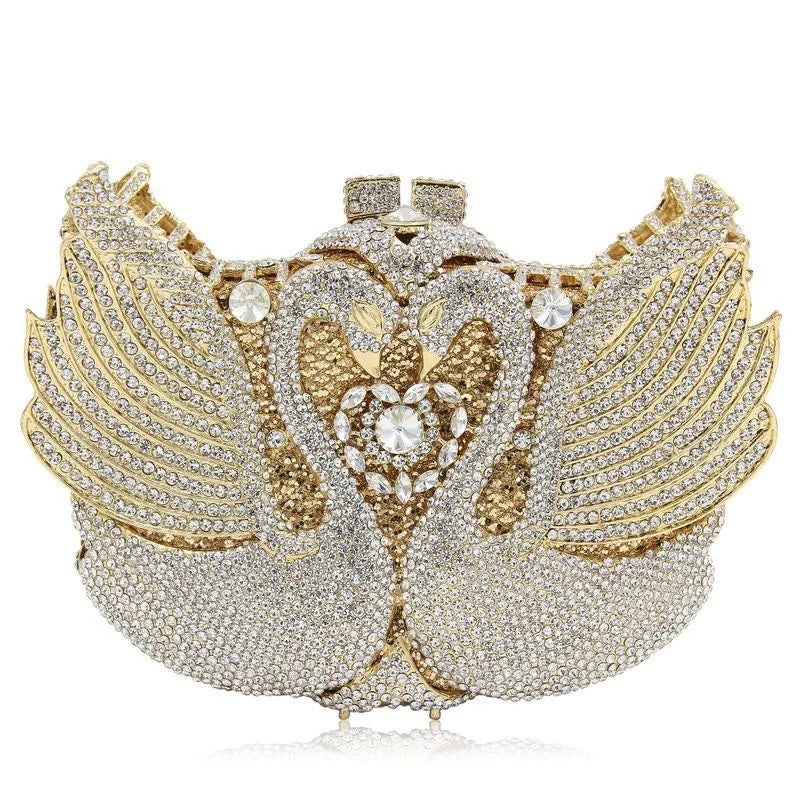 Rhinestone Evening Bag Purses  Purple/Gold  Gold Metal Bag WHTUOHENG Female Diamond Swan Shape Prom Party Purses Phone Clutch