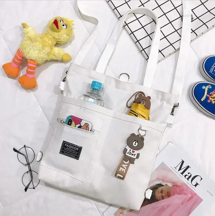 Canvas Women Handbag Shoulder Bags Large Capacity Simple Folding Handbags Tote Shopping Bag with Frog Pendant Book Bags for Girl