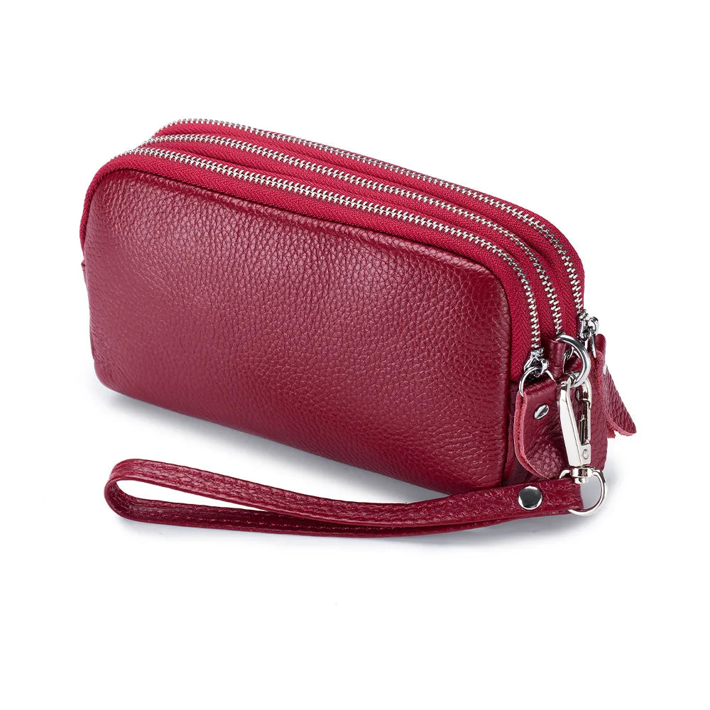 Genuine Leather Women Long Wallet 3-Layer Zipper Clutch Purse Bag 2023 New Large Capacity Wristlet Wallet Phone Bag Money Pocket