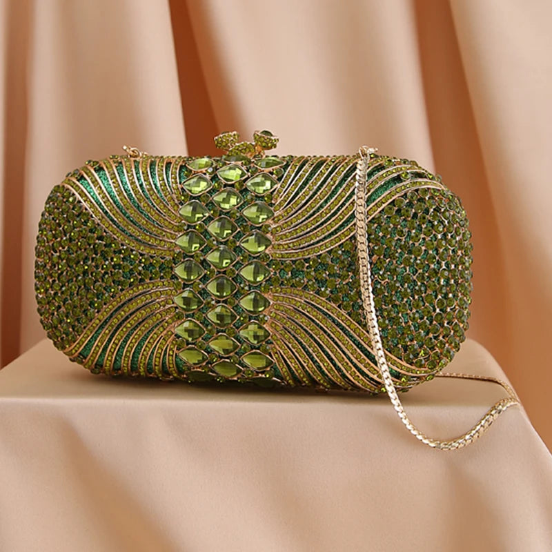 Hollow Out Green Rhinestone Crystal Evening Party Bags Gold Metal Clutch Female Wedding Purses Diamond Handbags Money Clutches