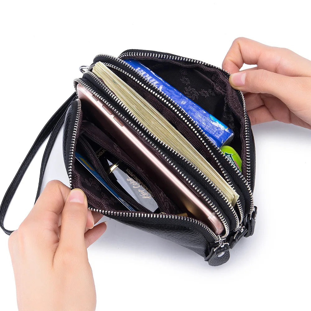 Genuine Leather Women Long Wallet 3-Layer Zipper Clutch Purse Bag 2023 New Large Capacity Wristlet Wallet Phone Bag Money Pocket