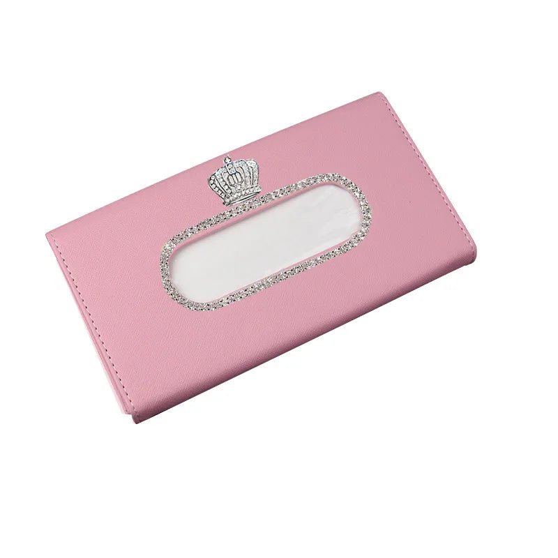 Fashion Crown Crystal Car Tissue Box Sun Visor Leather Auto Tissue Bag Sunvisor Hanging Holder Case Napkin For Car Accessories