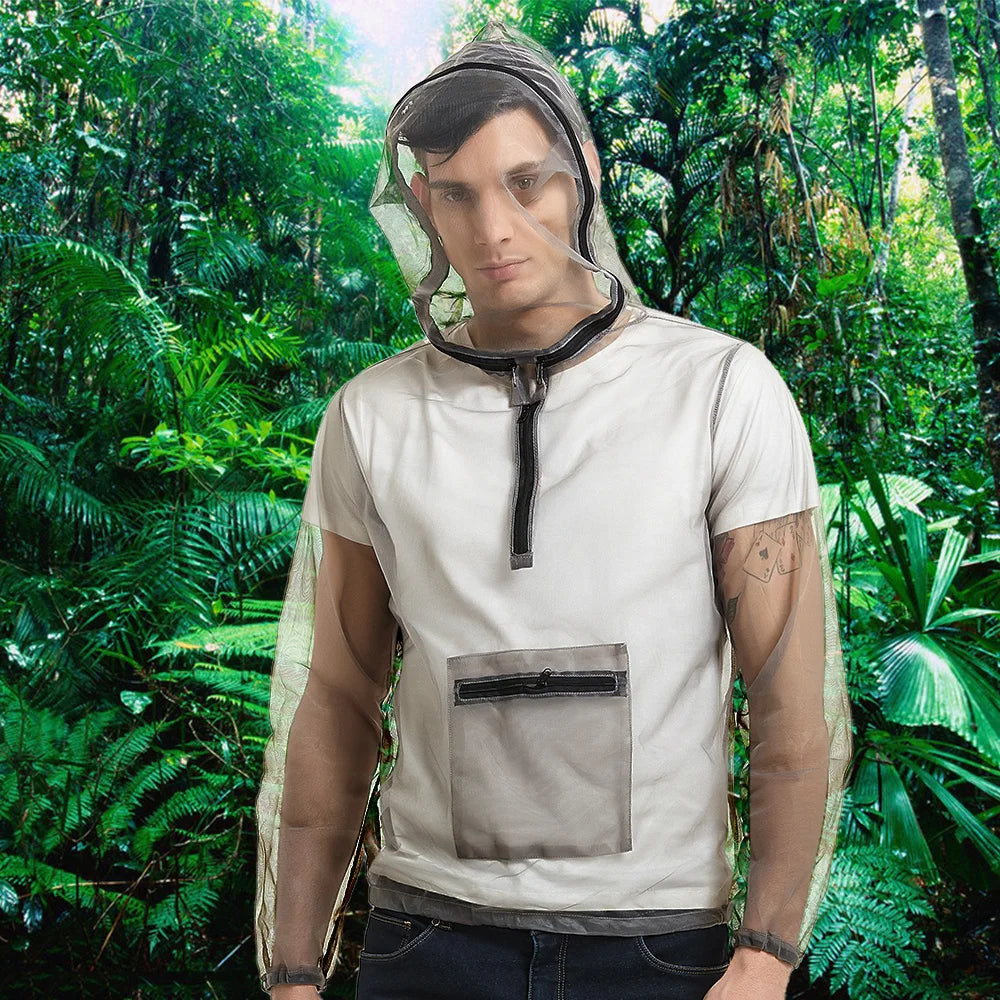 Outdoor Ultralight Mesh Hooded Jacket Anti-mosquito See Through Protective Mesh Shirt Insect Shield for Camping Hiking Fishing
