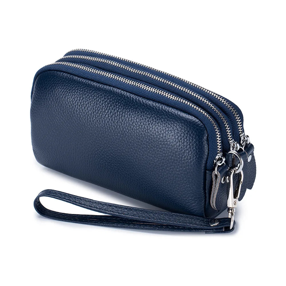 Genuine Leather Women Long Wallet 3-Layer Zipper Clutch Purse Bag 2023 New Large Capacity Wristlet Wallet Phone Bag Money Pocket