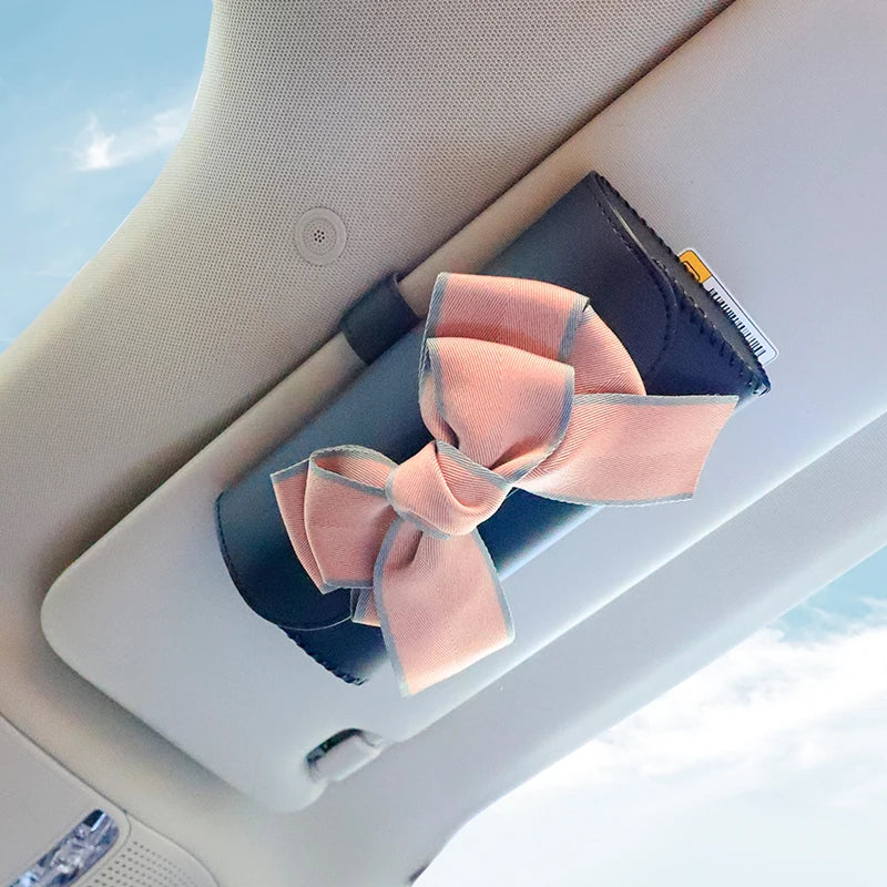 Cute Bowknot Car Glasses Box Universal Leather Sunglasses Case Storage Holder Bag Sunshade Organizer Auto Interior Accessories