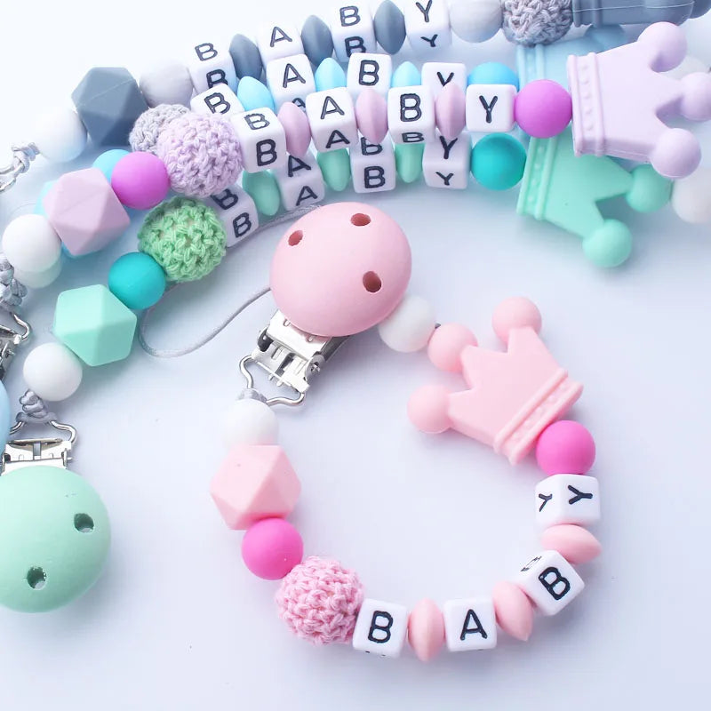 Custom Free personalized Name baby pacifier holder chain Handmade silicone crown safe teether Newborn Chew Gift