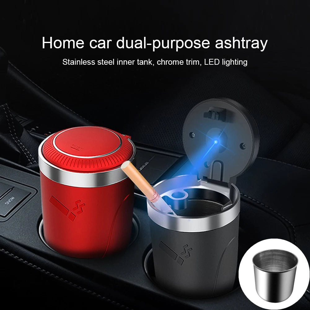 Car Ashtray with LED Light Push Type Interior Decoration Creative Multifunctional Auto Vehicle Cigarette Ashtray Holder Decor