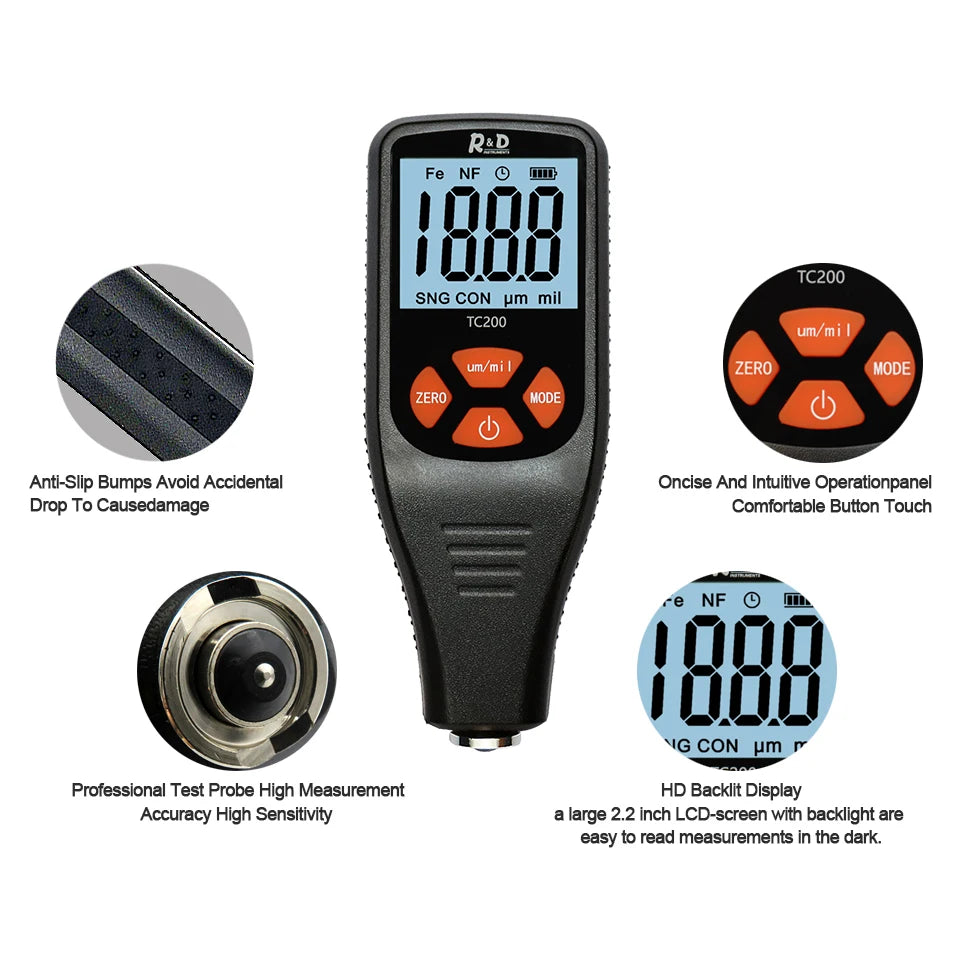 R&D TC200 Coating Thickness Gauge 0.1 Micron/0-1500 Car Paint Film Thickness Tester Measuring FE/NFE Russian Manual Paint Tool