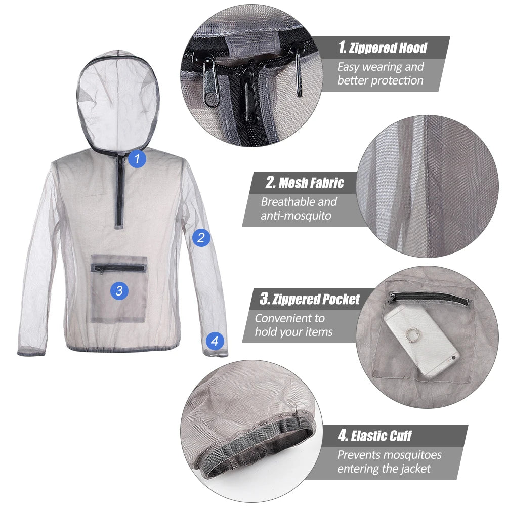 Outdoor Ultralight Mesh Hooded Jacket Anti-mosquito See Through Protective Mesh Shirt Insect Shield for Camping Hiking Fishing