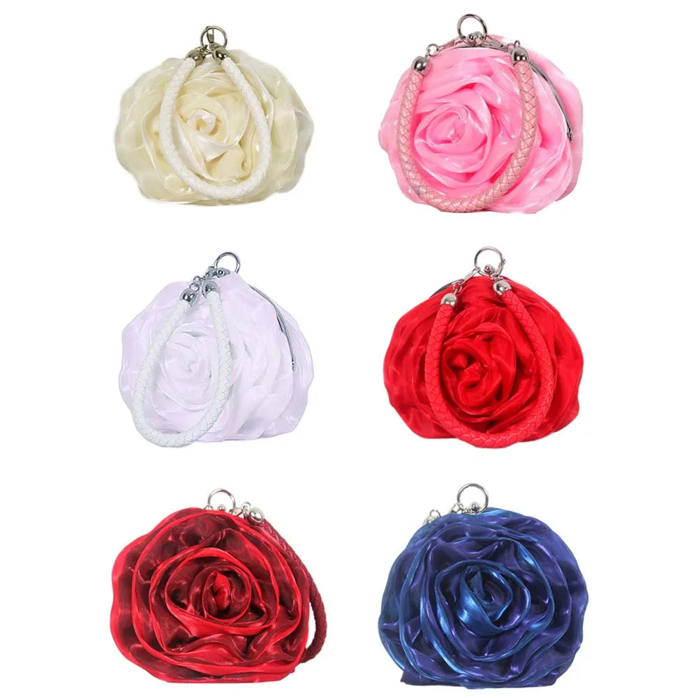Colourful Women's Rose Flower Handbag Top Handle Bridal Bags Satin Party Wedding Evening Bags Luxury Lady Clutch Purse
