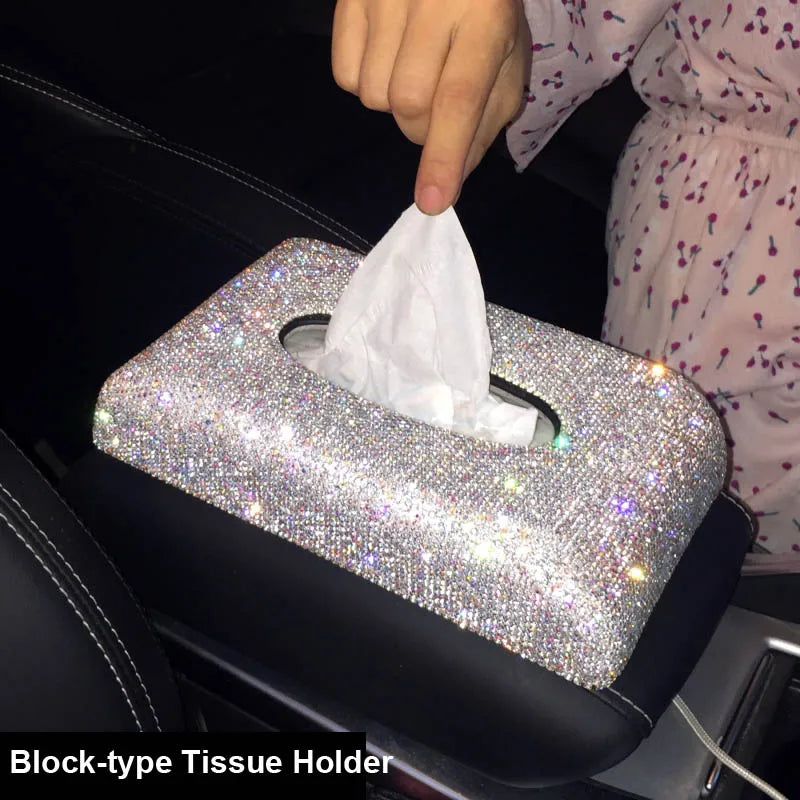 Creative Bling Crystal Diamond Car Ornaments Decoration Car Tissue Box Paper Holder Storage Rhinestone Car Interior Accessories