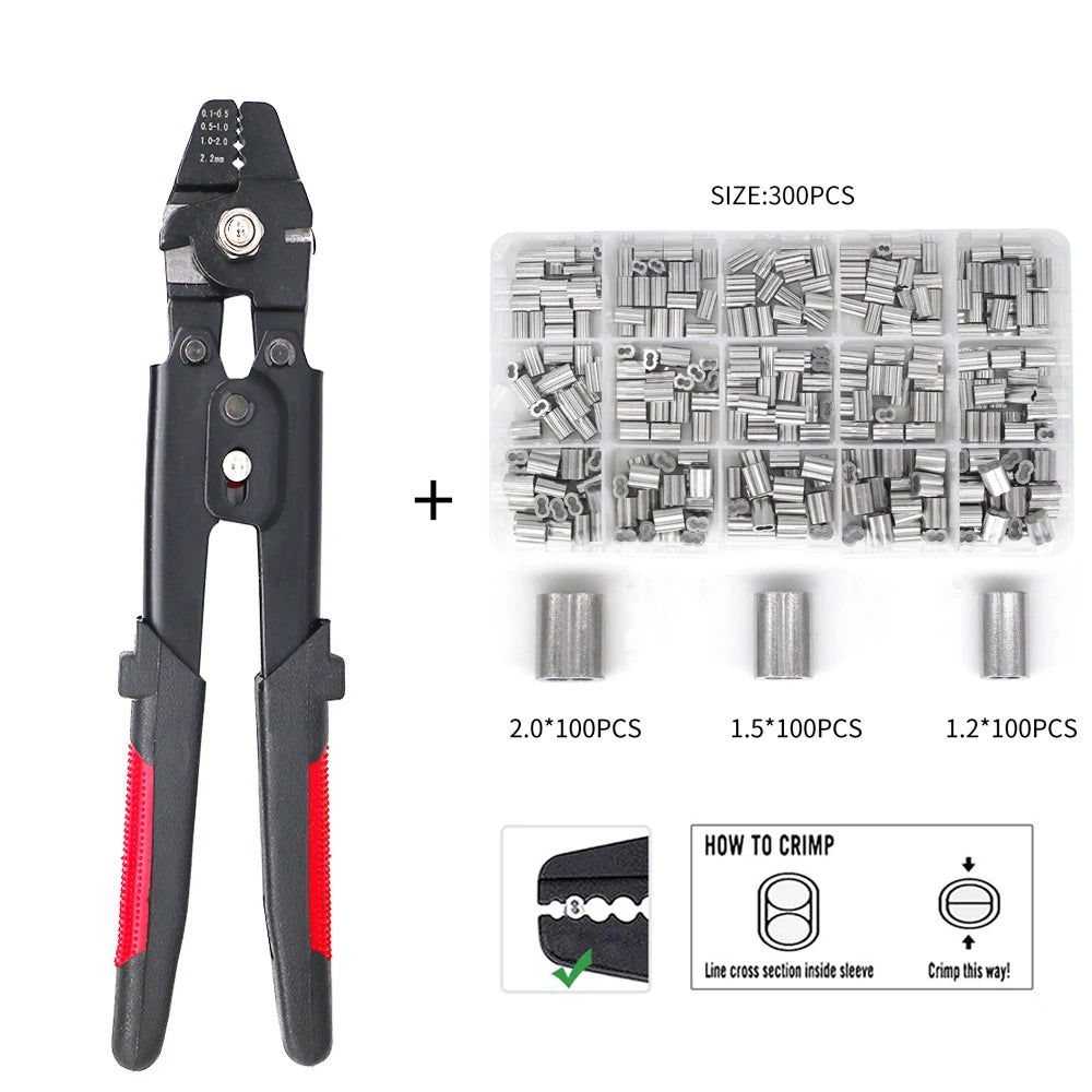 Wire Rope Crimping Tool Fishing Crimping Tool With 150Pcs 1.2/1.5/2mm Aluminum Double Barrel Ferrule Crimping Loop Sleeve Kit