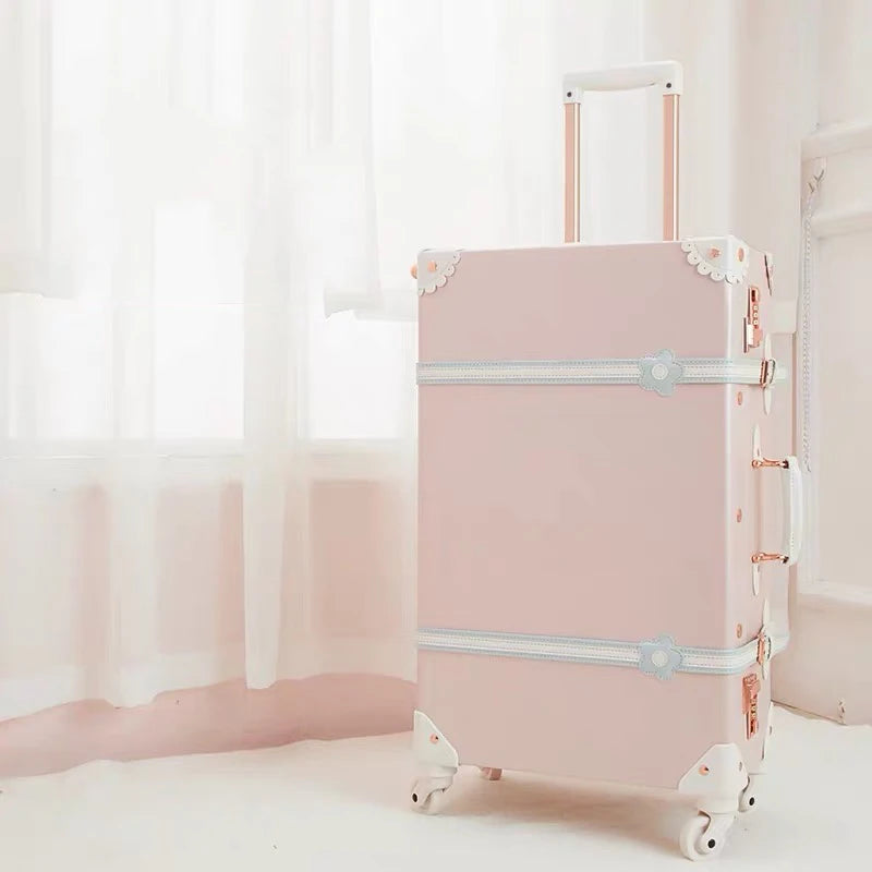 Vintage Luxury Travel Suitcase Set with Handbag PU Leather Trolley Luggage Valise Women Cute Rolling Luggage 20/22/24/26 Inch