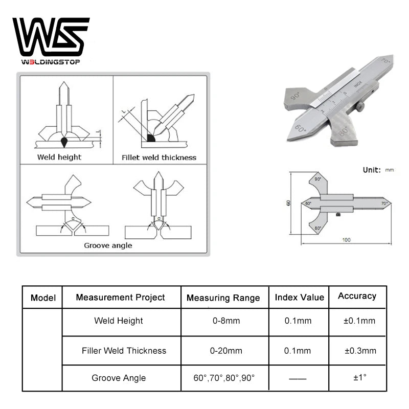 WS-30 Manual Welding Seam Gauge 60 70 80 90 Degree Angle Weld Ruler Inspection Gage
