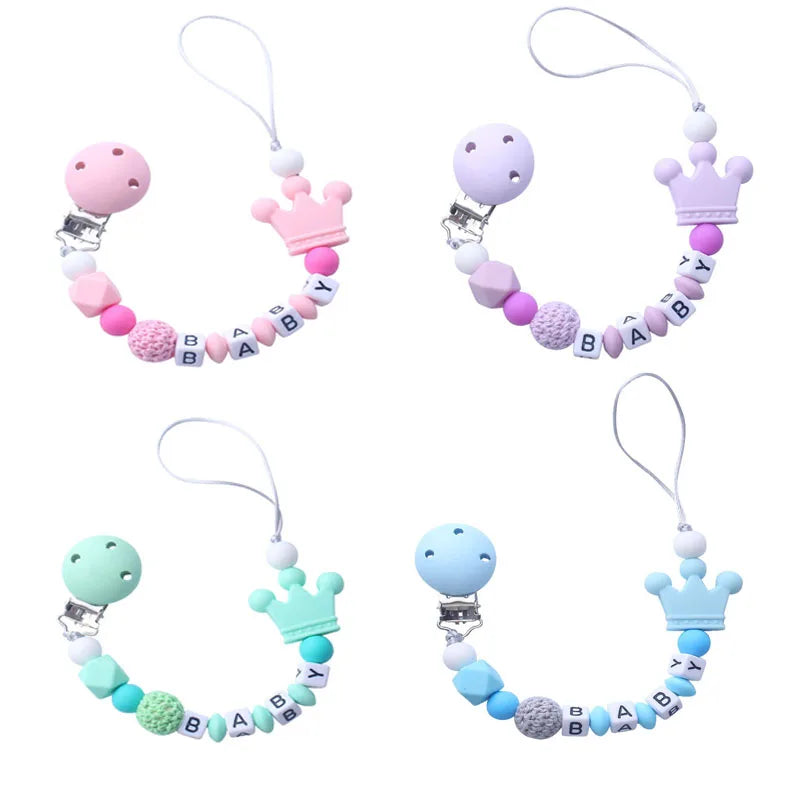 Custom Free personalized Name baby pacifier holder chain Handmade silicone crown safe teether Newborn Chew Gift